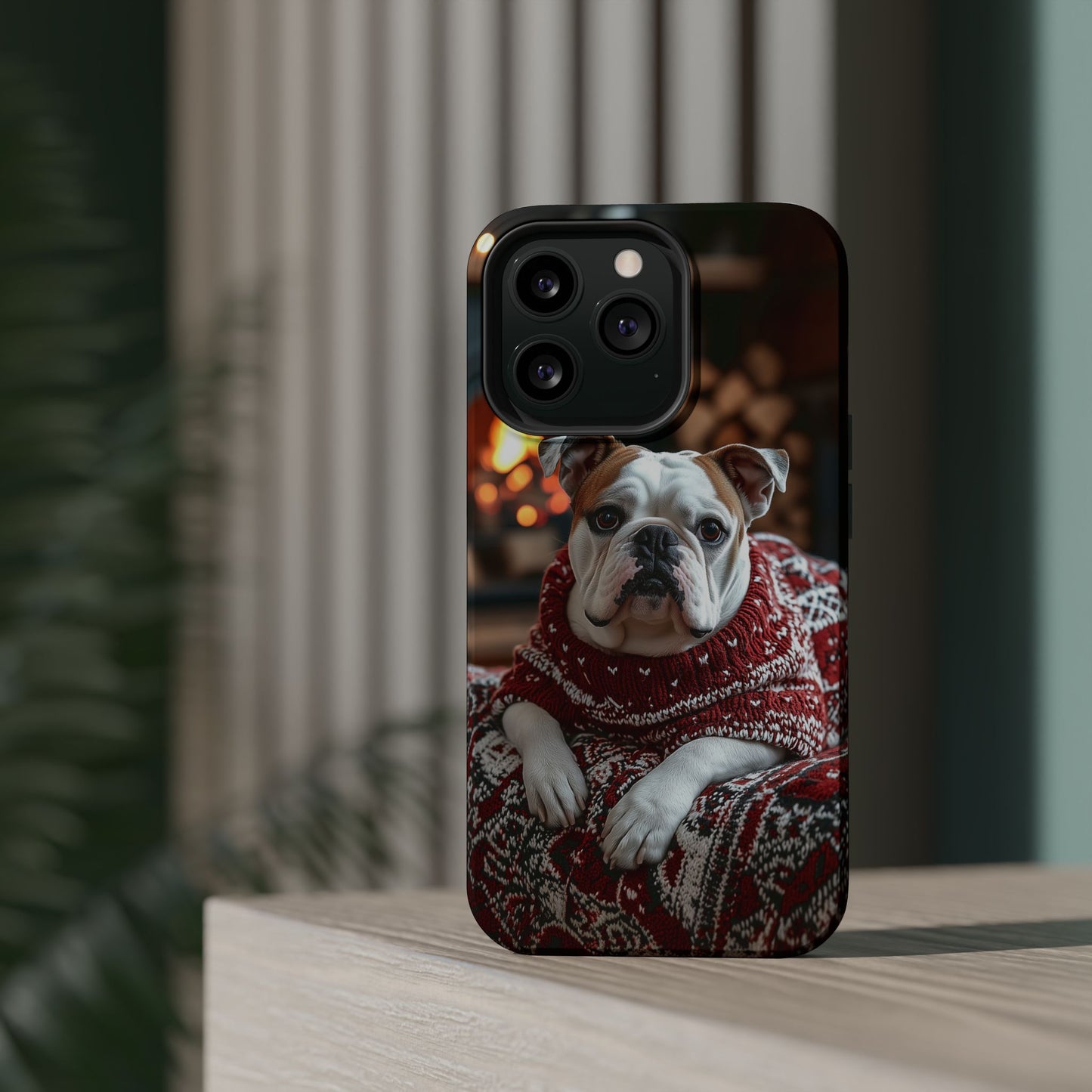 Cozy Bulldog in Sweater MagSafe iPhone Case – Festive Fireplace Protective Cover