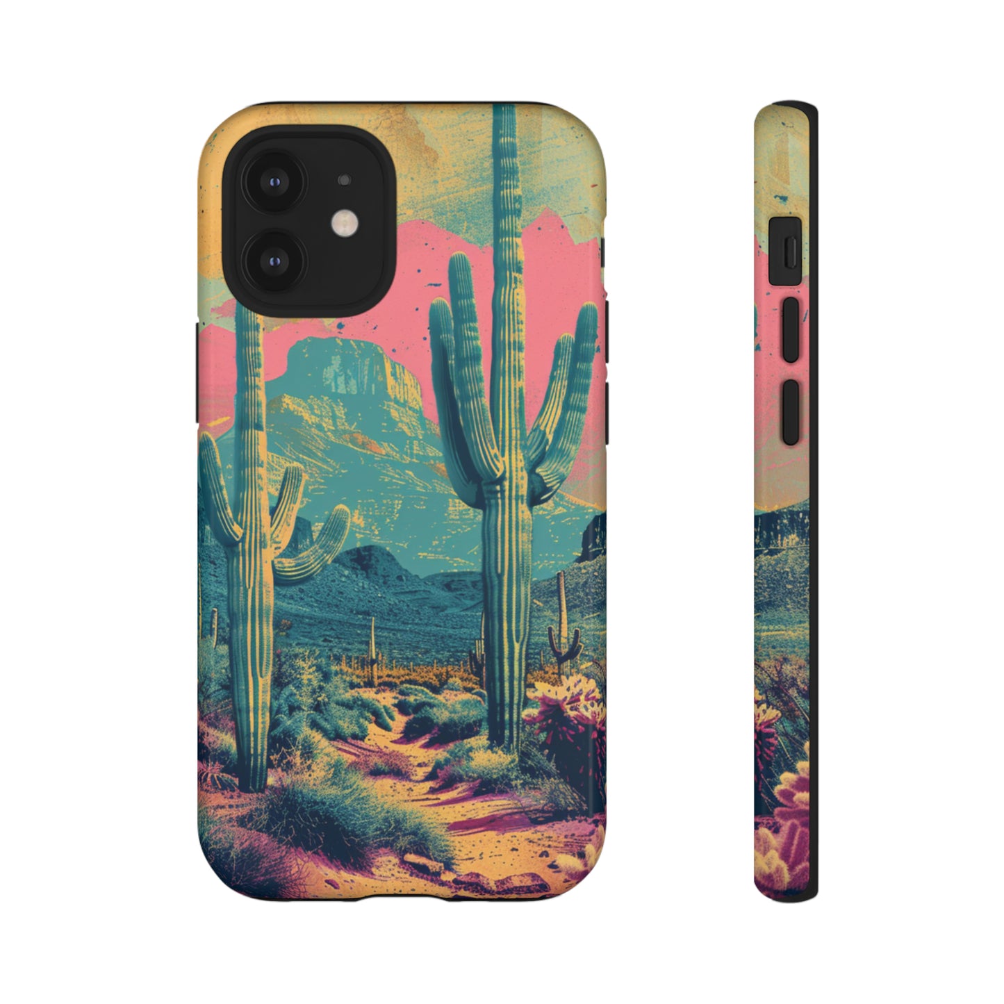 Desert Oasis Retro Cactus Phone Case - Vibrant Sunset Landscape for iPhone 15/14/13/12, Samsung S24/S23/S22/S21, & Google Pixel