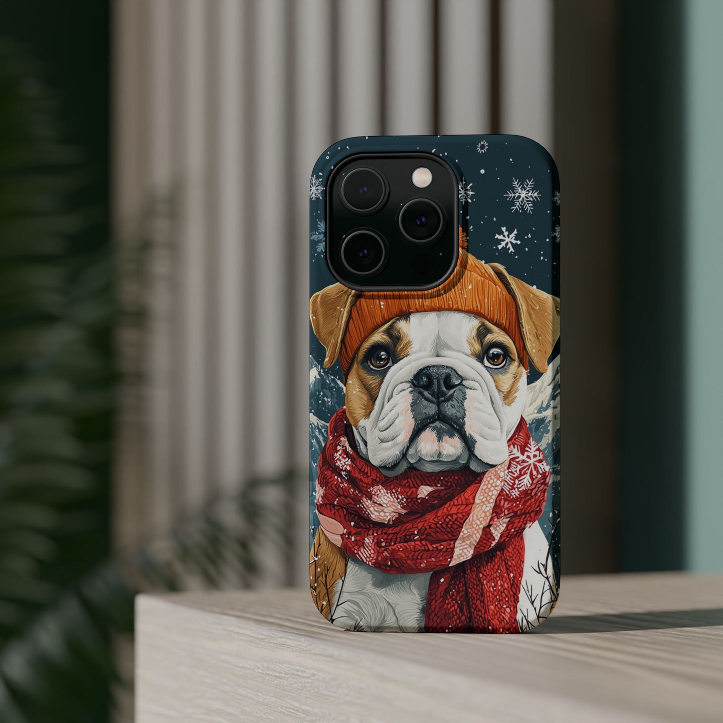 Cozy French Bulldog MagSafe iPhone Case – Rustic Fireplace Protective Cover