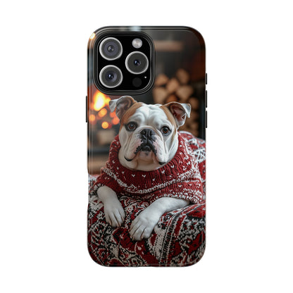 Cozy Bulldog in Sweater iPhone Case – Festive Fireplace Protective Cover