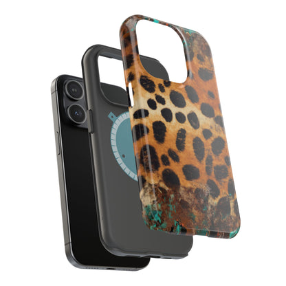 Rustic Leopard Print Tough MagSafe iPhone Case – Distressed Turquoise and Animal Pattern with Dual-Layer Protection