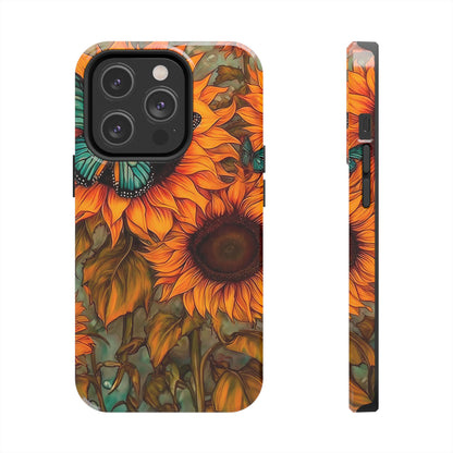 Vintage Blue Butterfly & Sunflower Art – iPhone Case