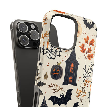 Haunted Halloween MagSafe iPhone Case – Haunted House, Bats, and Pumpkins Design