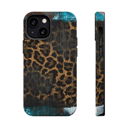 Boho Leopard and Turquoise Tough MagSafe iPhone Case – Rustic Western Design with Dual-Layer Protection