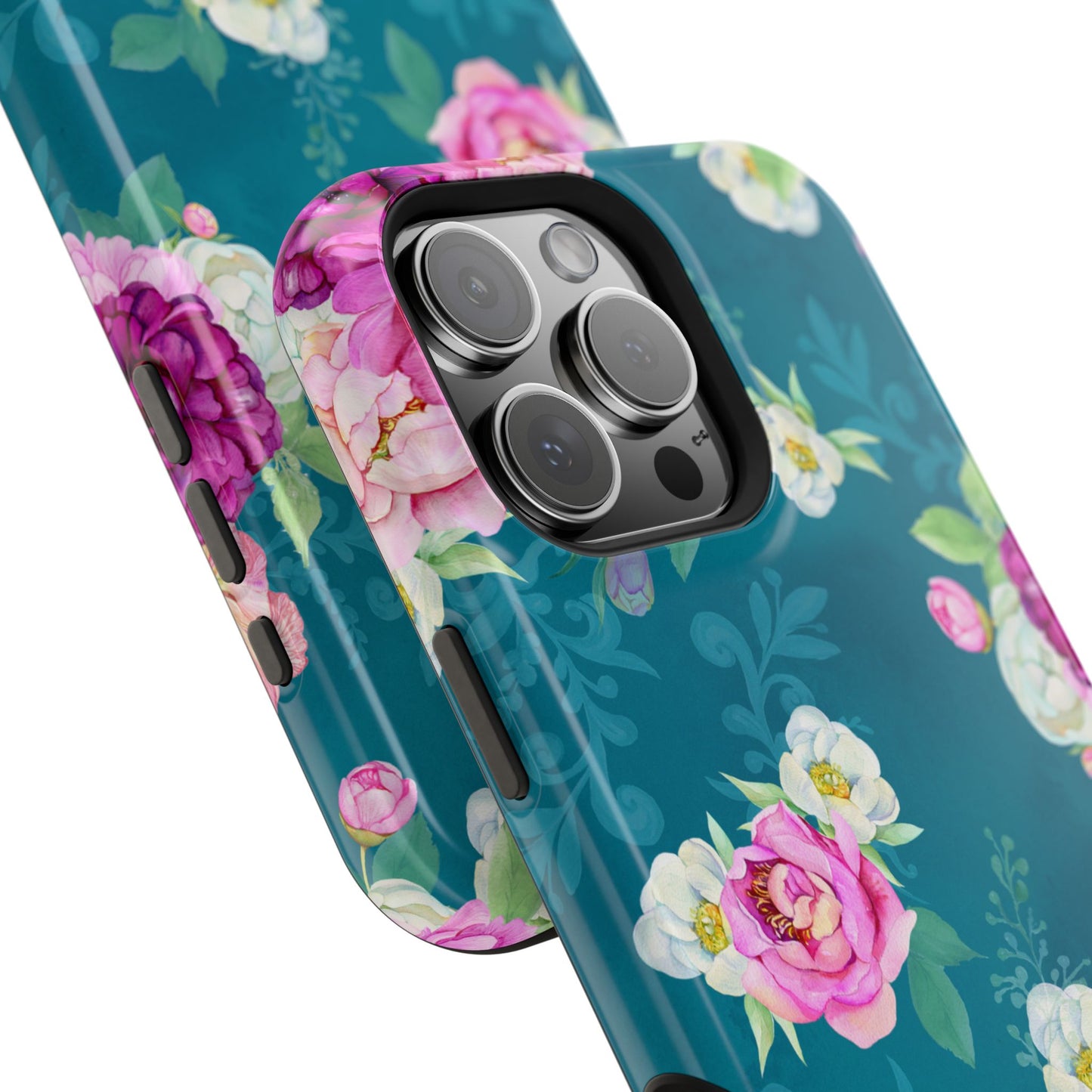 Elegant Peony Bouquet MagSafe iPhone Case – Deep Teal Background with Romantic Floral Design