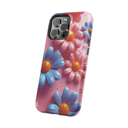 Pastel Daisy 3D MagSafe iPhone Case – Glossy Pink and Blue Floral Design, Full Protection