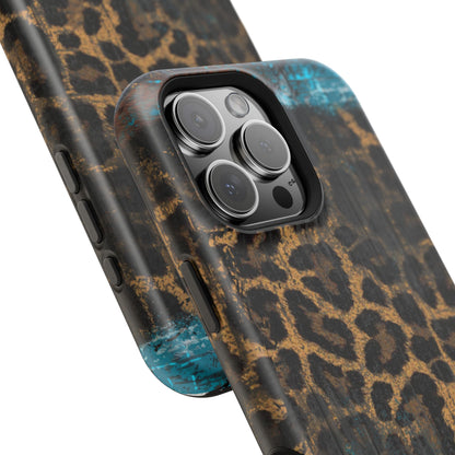 Boho Leopard and Turquoise Tough MagSafe iPhone Case – Rustic Western Design with Dual-Layer Protection