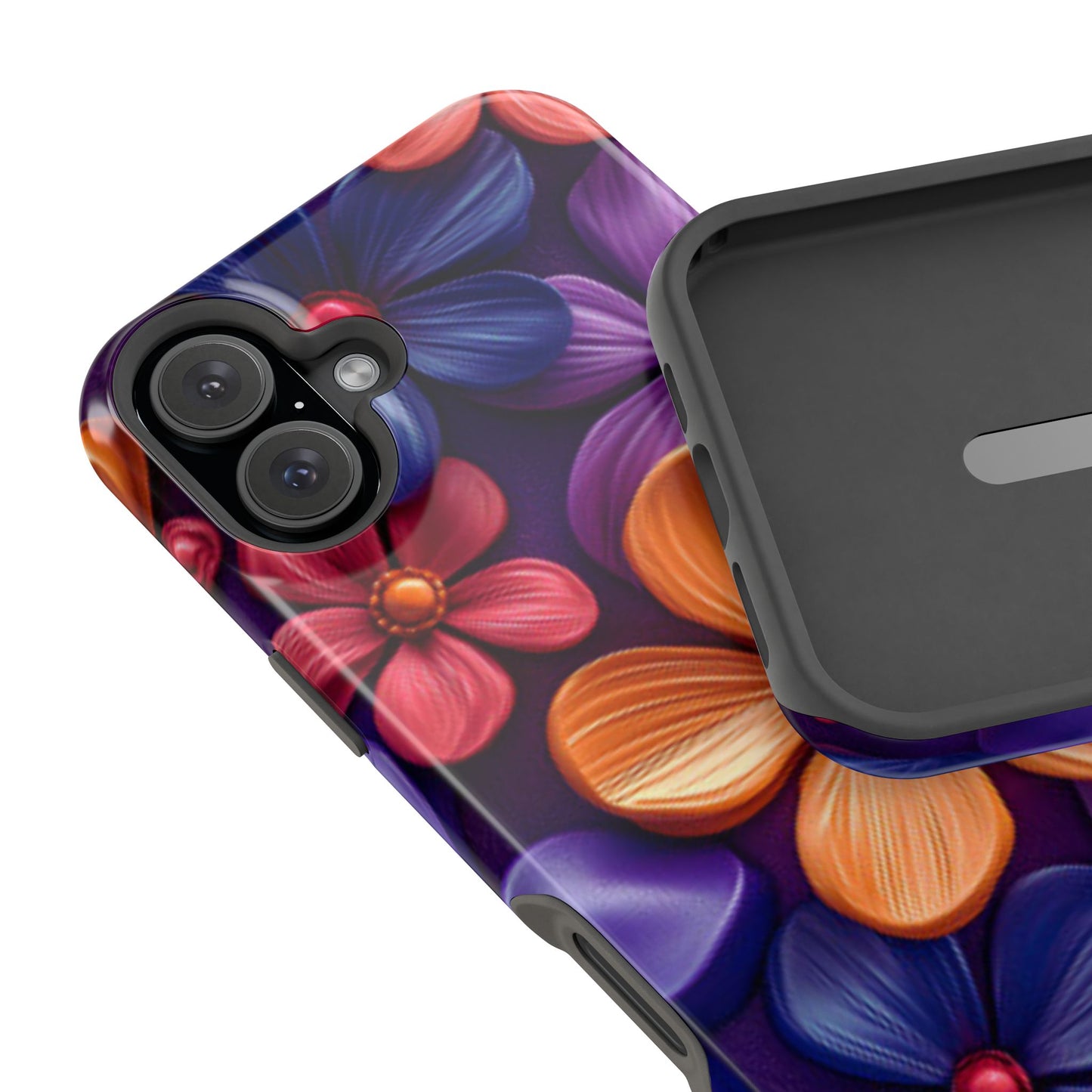 Bold Floral 3D MagSafe iPhone Case – Vivid Purple and Orange Flower Design, Shock-Resistant