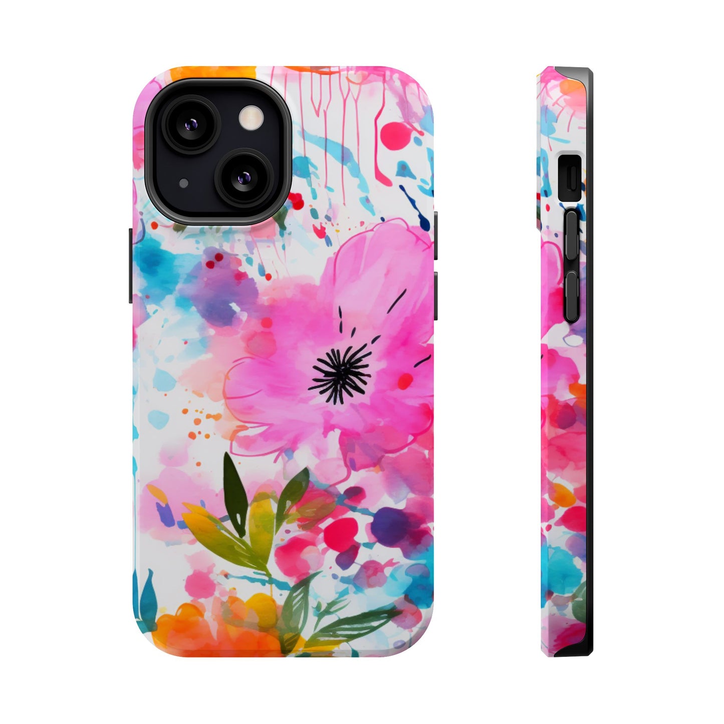 Color Splash Pink & Orange Watercolor Floral - MagSafe iPhone Case