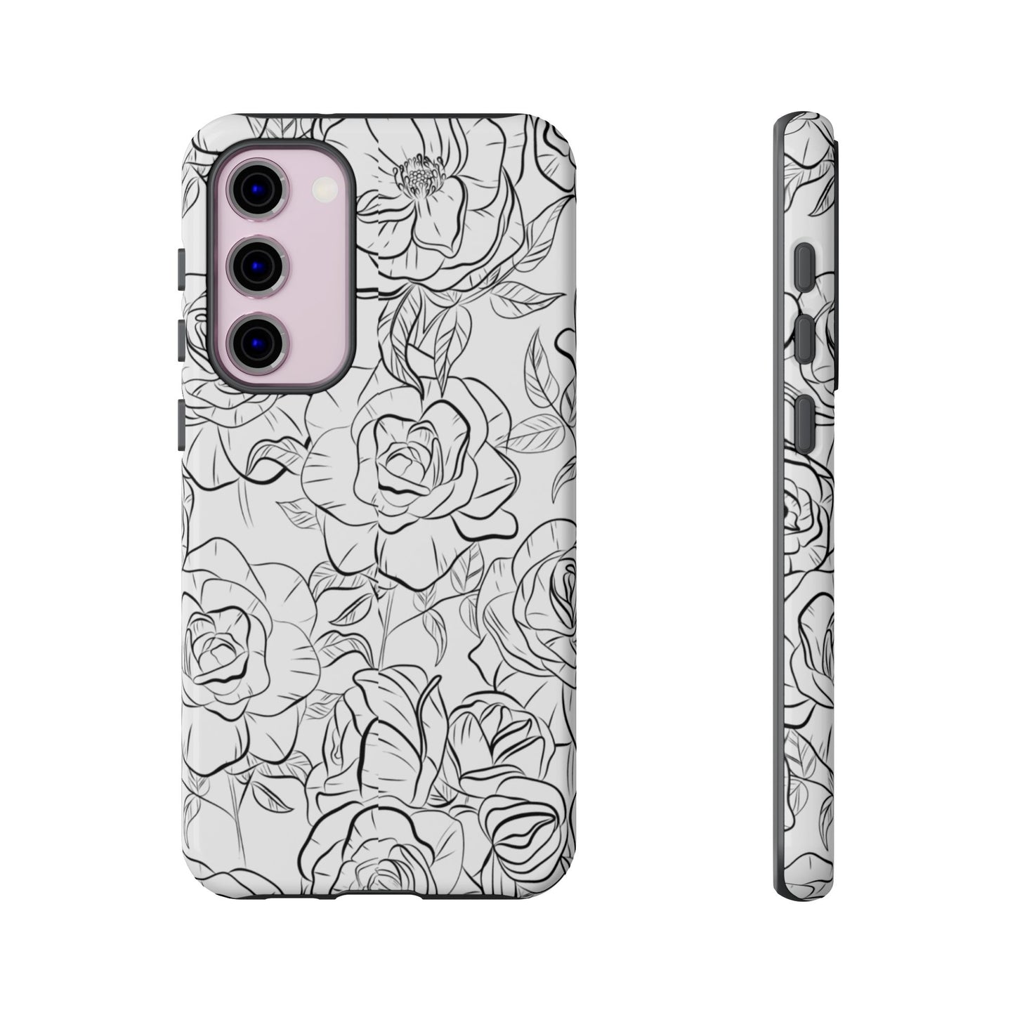 Monochrome Rose Garden Tough Samsung Galaxy Case – Elegant Floral Line Art with Dual-Layer Protection