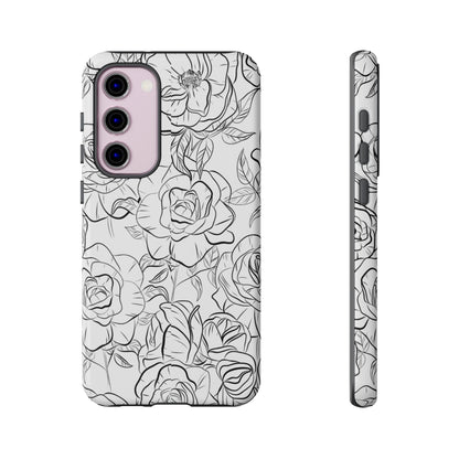 Monochrome Rose Garden Tough Samsung Galaxy Case – Elegant Floral Line Art with Dual-Layer Protection