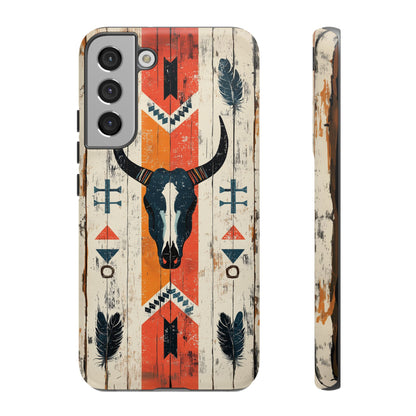 Rustic Western Bull Skull Tough Samsung Galaxy Case – Distressed Wood Design, Dual-Layer Protection