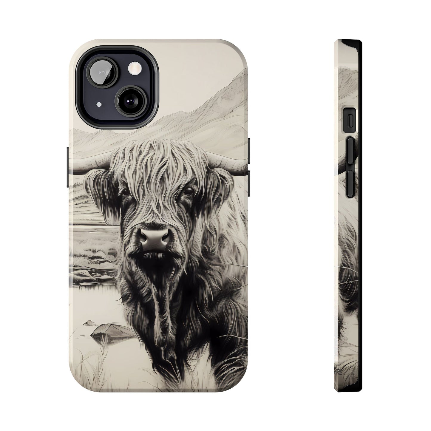 Cute Highland Cow Cases - Western Charcoal Sketched Cow - Farmhouse Design