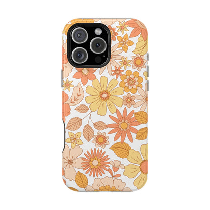 Vintage Floral Bloom MagSafe iPhone Case – Warm Orange & Yellow Retro Flower Design with Matte Finish