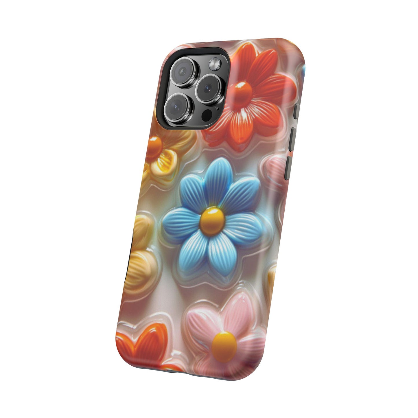 Glossy Retro Flower MagSafe iPhone Case – Colorful 3D Floral Design, Durable Protection