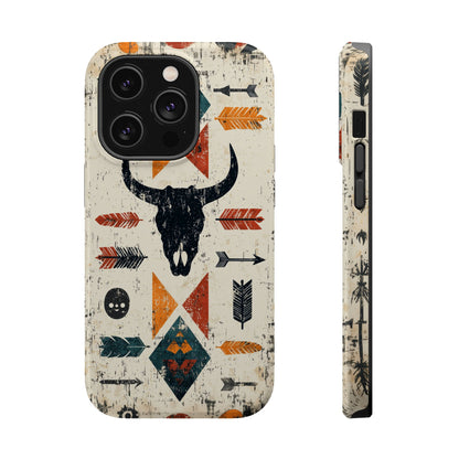 Tribal Bull Skull & Arrows Tough MagSafe iPhone Case – Rustic Western Design, Dual-Layer Protection