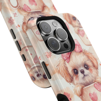 Adorable Puppy in Teacup MagSafe iPhone Case – Tough, Dual-Layer Protection with Cute Pink Bow Design