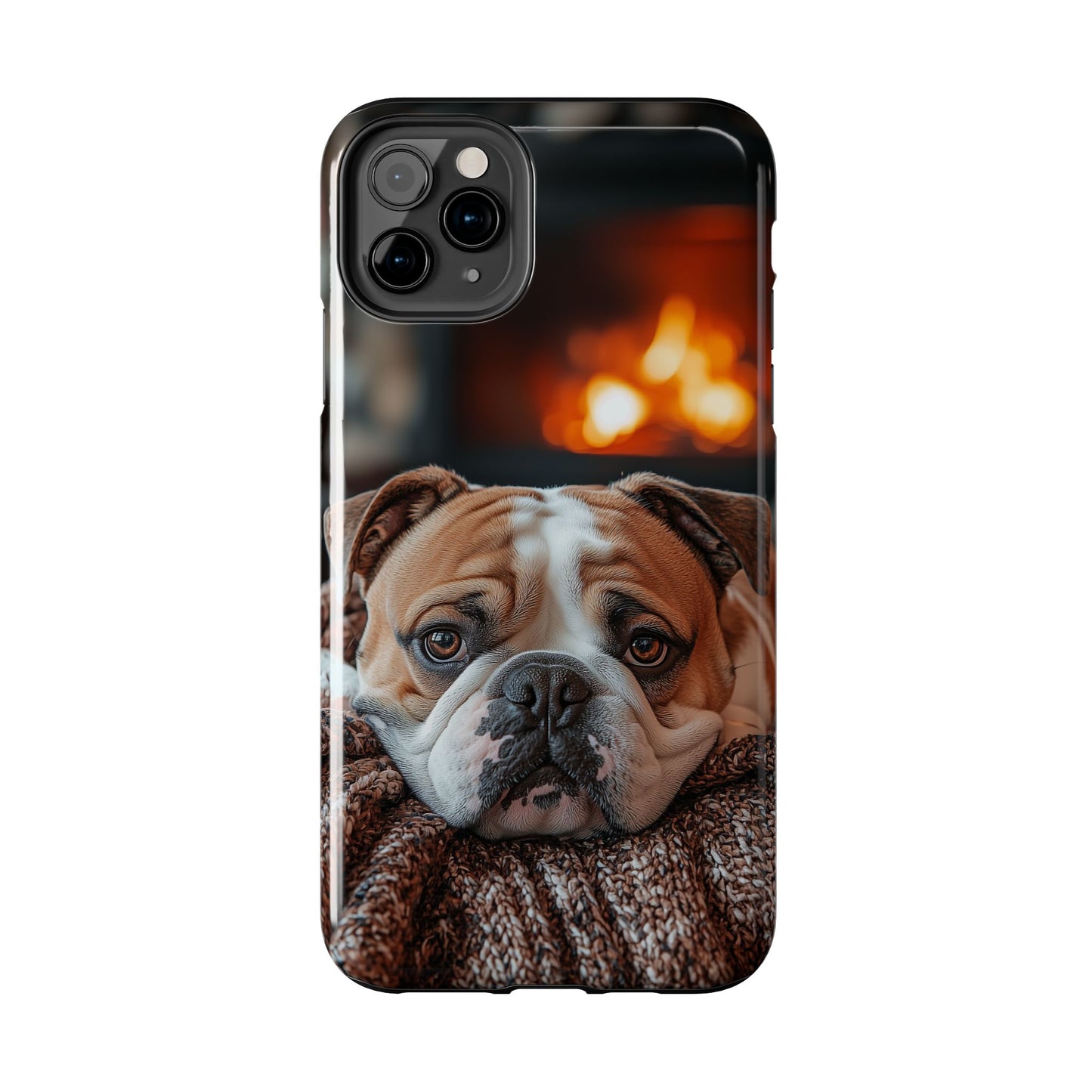 Cozy Bulldog iPhone Case – Fireside-Inspired Protective Cover Description: