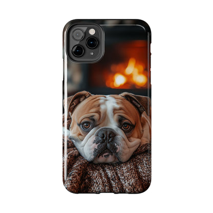 Cozy Bulldog iPhone Case – Fireside-Inspired Protective Cover Description: