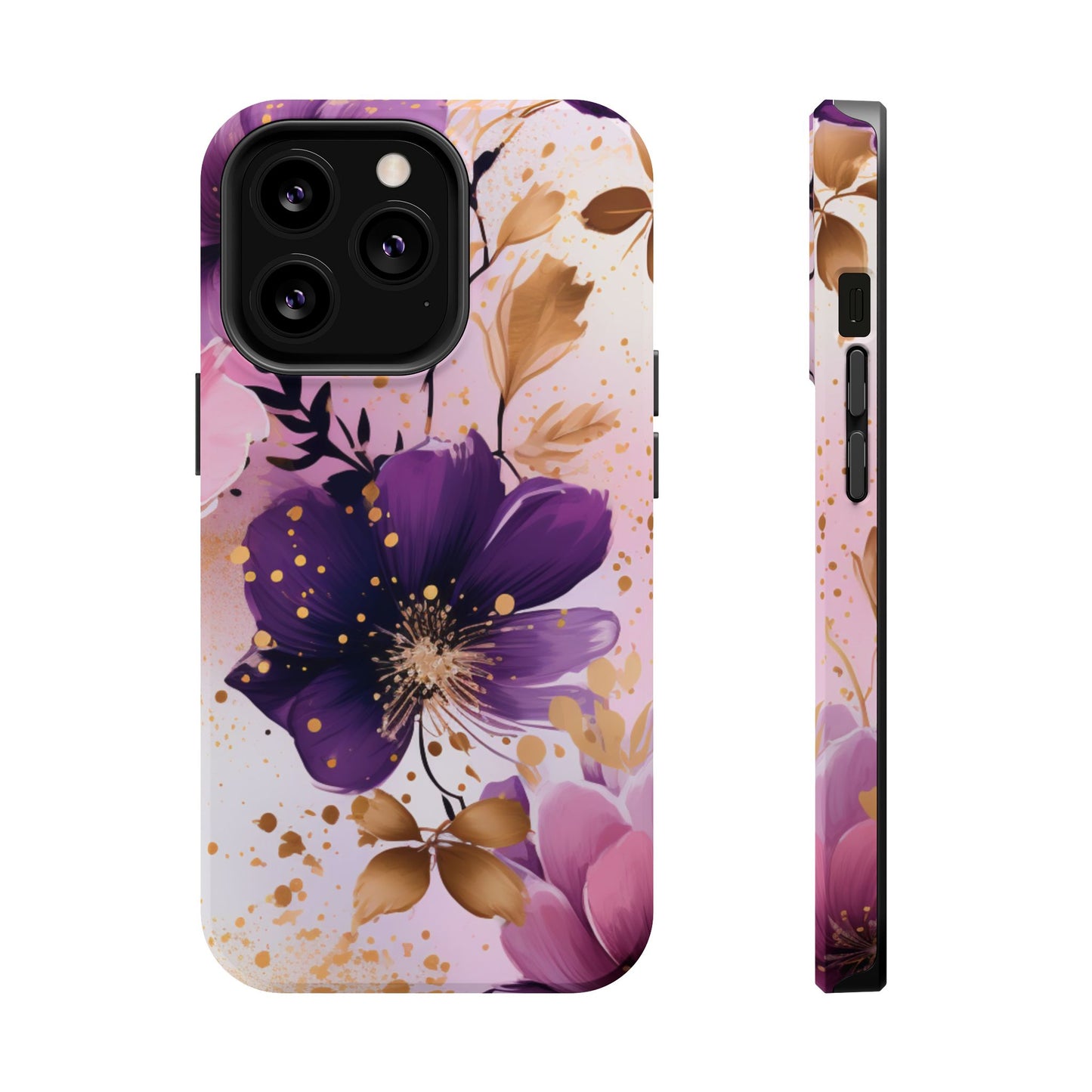 Elegant Purple & Gold Floral MagSafe iPhone Case - Luxe Flower Design