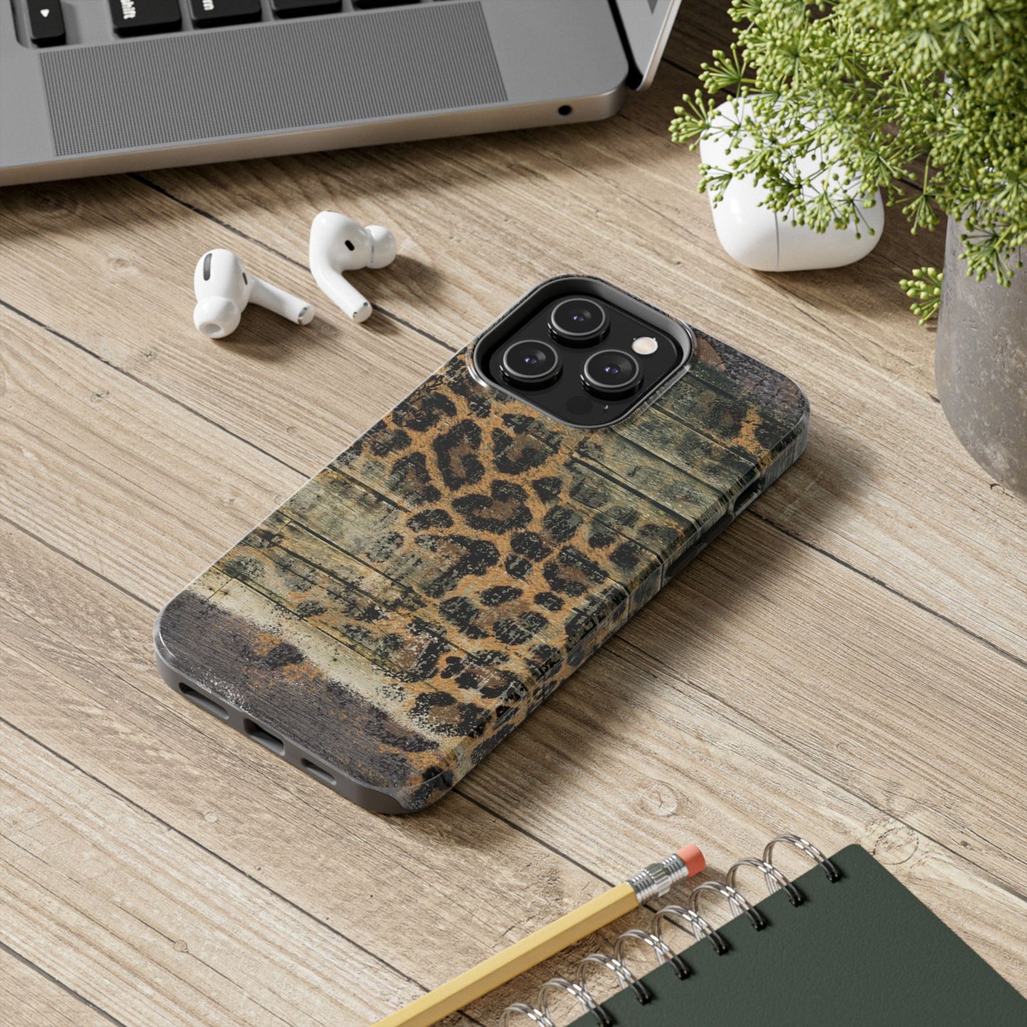 Rustic Wood and Leopard Print Tough iPhone Case – Distressed Western Design with Dual-Layer Protection