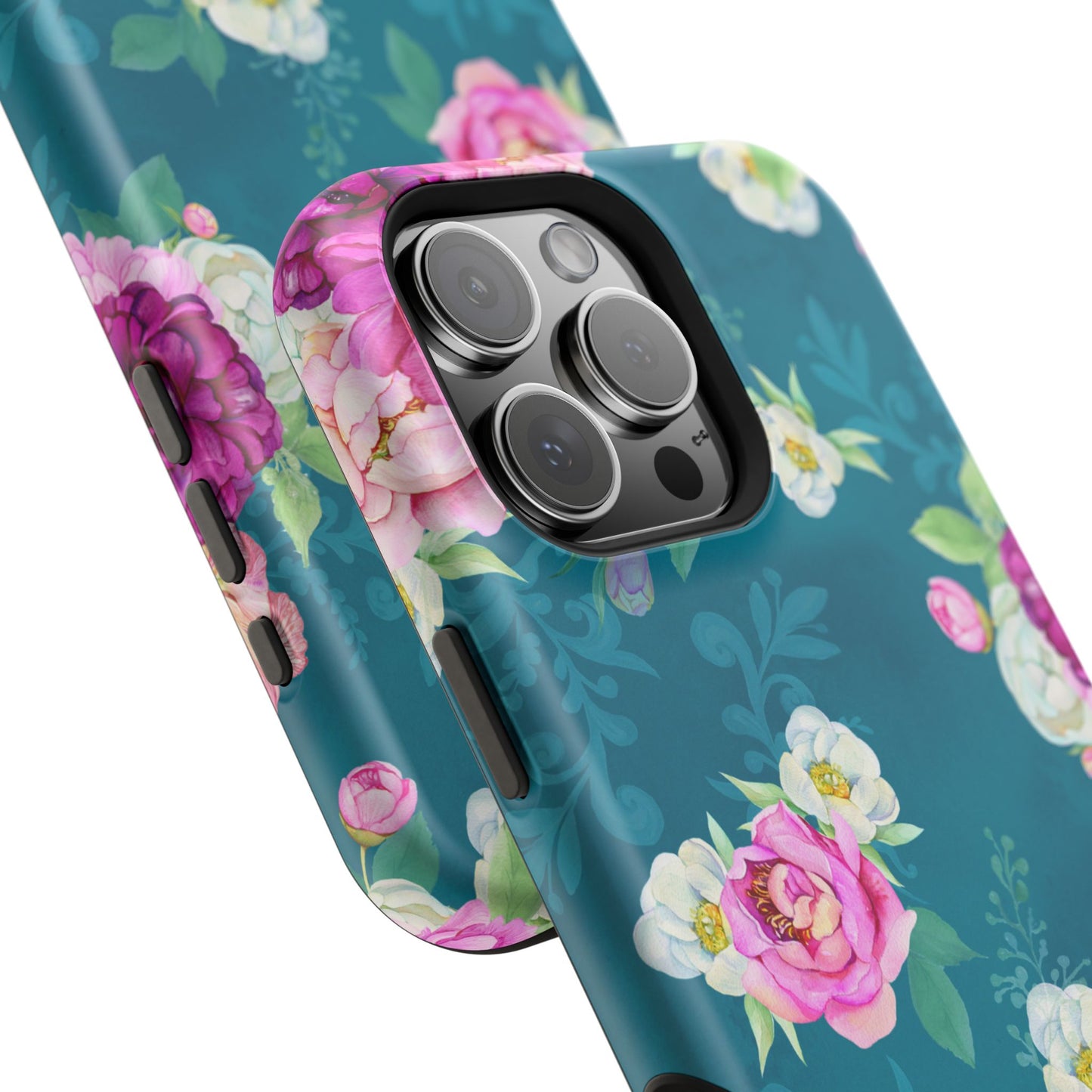 Elegant Peony Bouquet MagSafe iPhone Case – Deep Teal Background with Romantic Floral Design