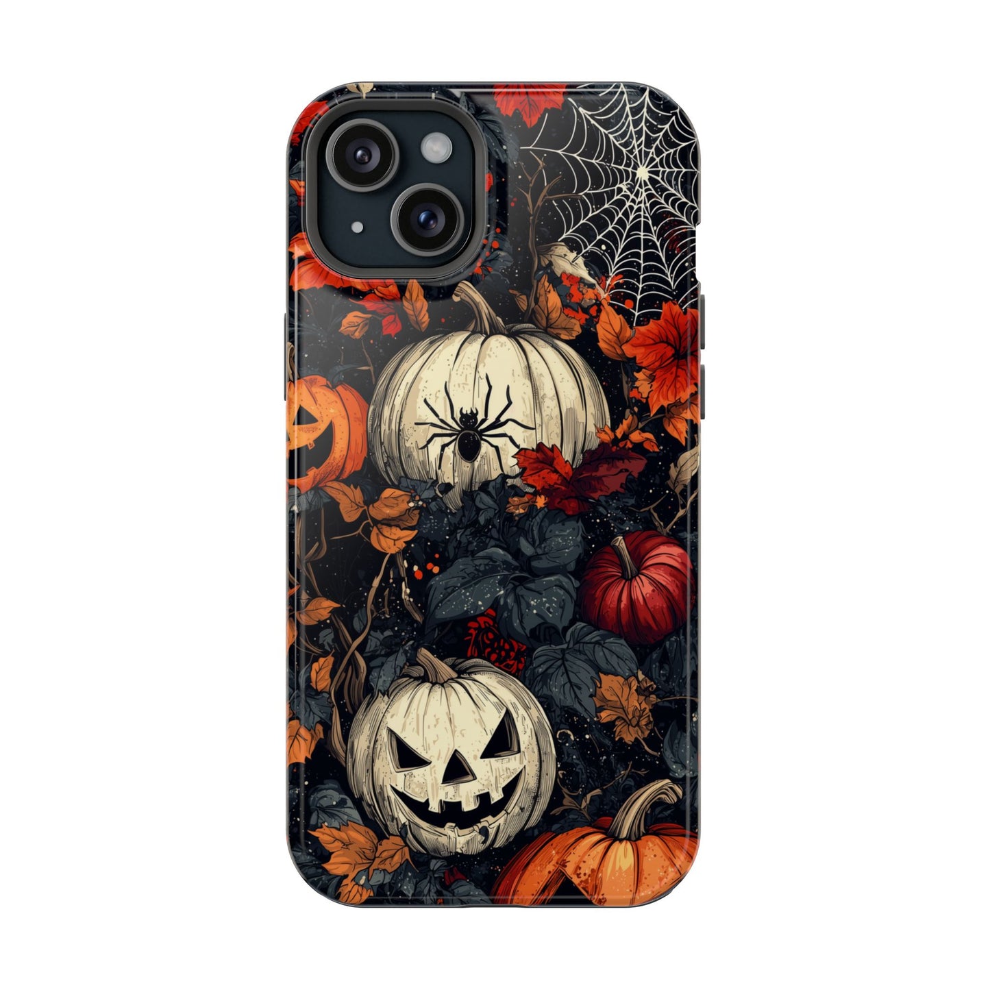 Hauntingly Elegant Halloween MagSafe iPhone Case – Pumpkins, Spiders, and Autumn Leaves Design