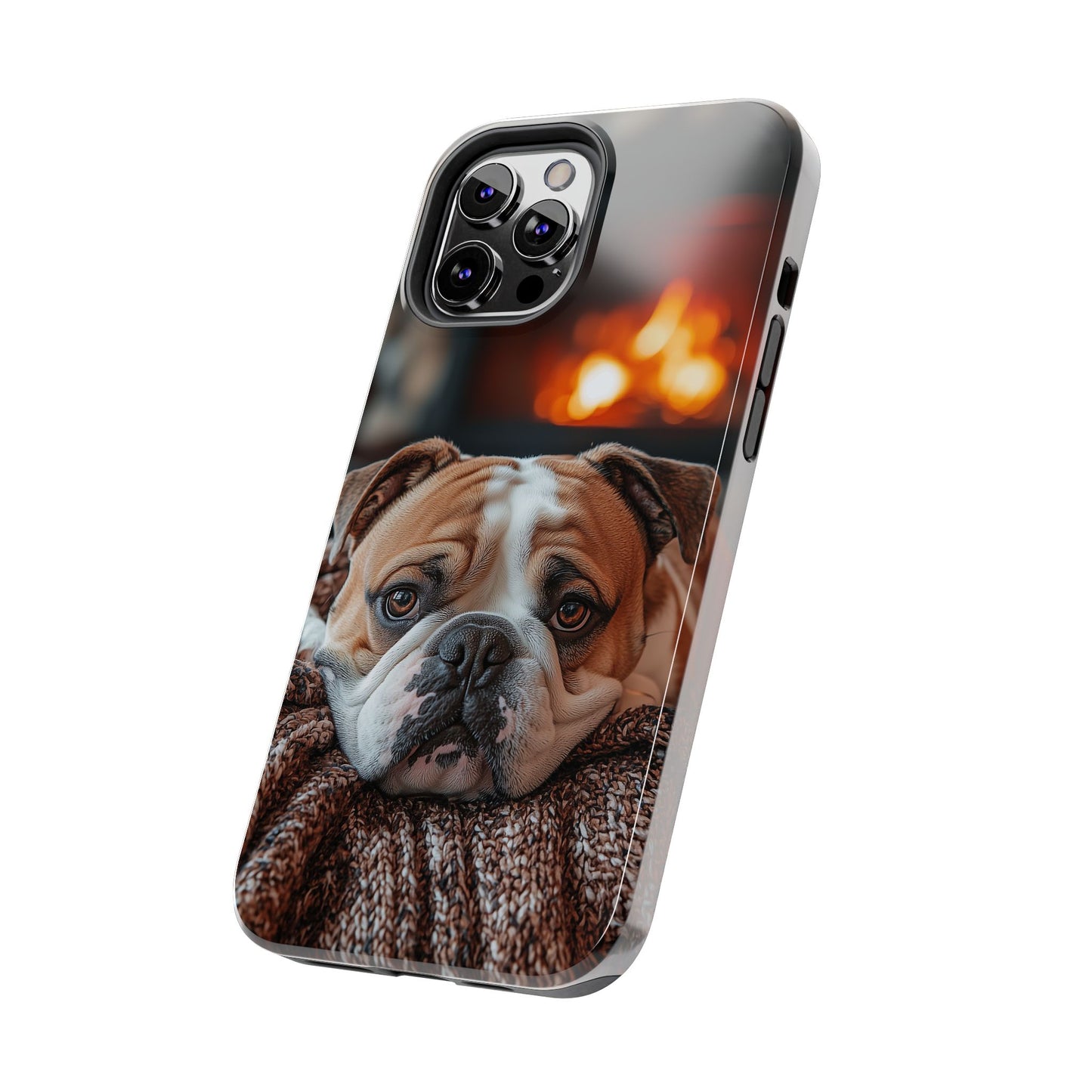 Cozy Bulldog iPhone Case – Fireside-Inspired Protective Cover Description: