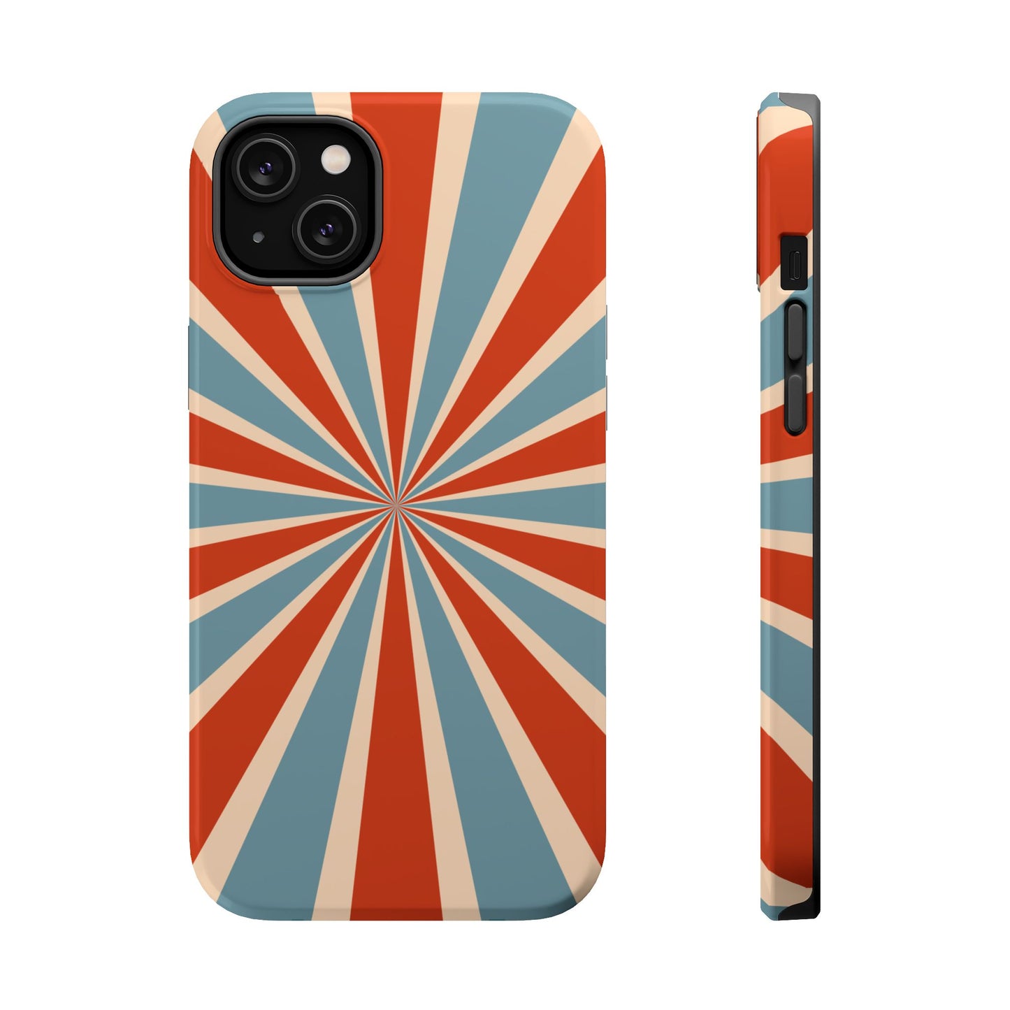 Vintage Blue & Red Sunburst MagSafe iPhone Case – Bold Geometric Pattern, Shock-Resistant Cover