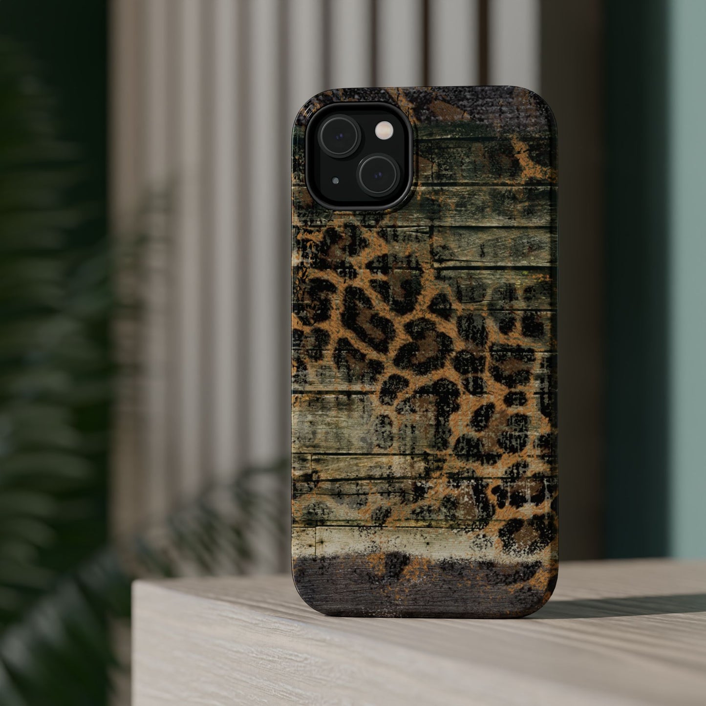 Rustic Wood and Leopard Print Tough MagSafe iPhone Case – Distressed Western Design with Dual-Layer Protection