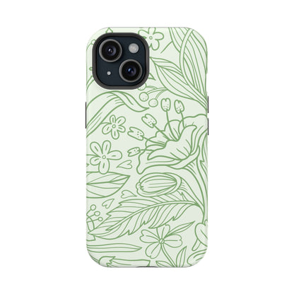 Sage Green Floral Line Art Tough MagSafe iPhone Case – Minimalist Botanical Design with Dual-Layer Protection