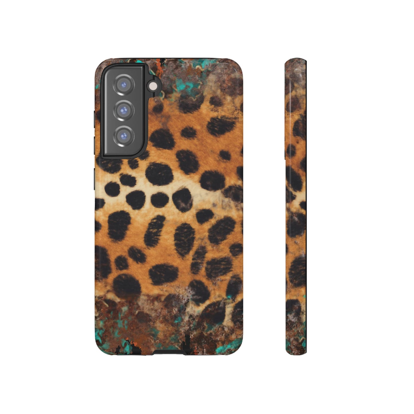 Rustic Leopard Print Tough Samsung Galaxy Case – Distressed Turquoise and Animal Pattern with Dual-Layer Protection