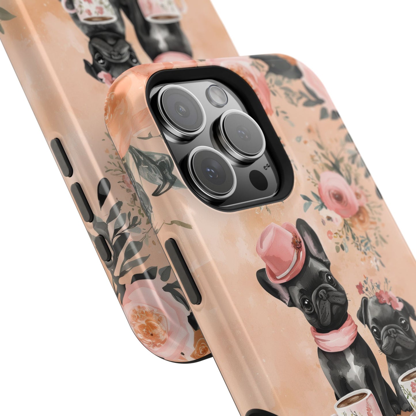 Floral French Bulldogs MagSafe iPhone Case – Elegant Dog Design with Tea Cups & Roses, Shockproof Protection