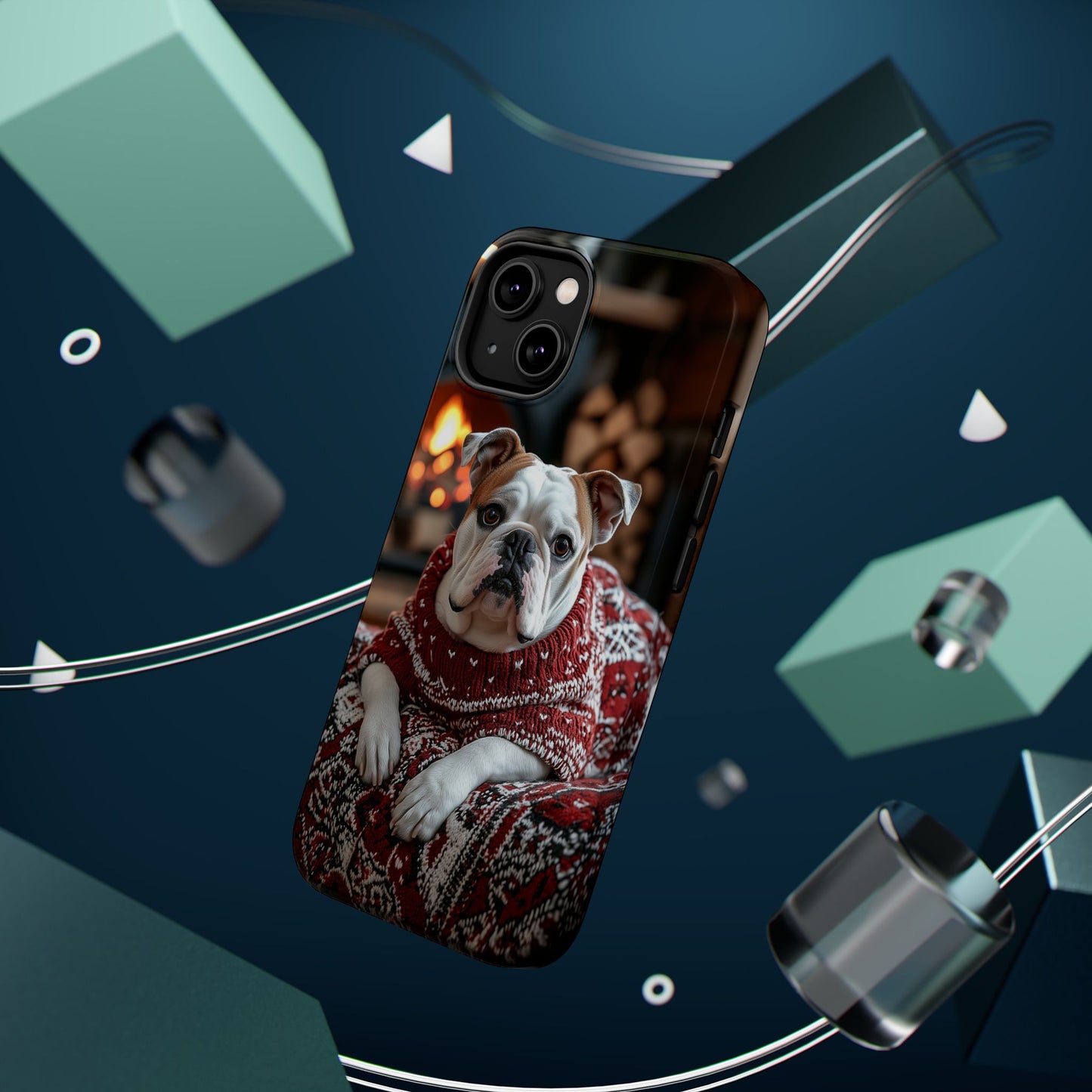 Cozy Bulldog in Sweater MagSafe iPhone Case – Festive Fireplace Protective Cover