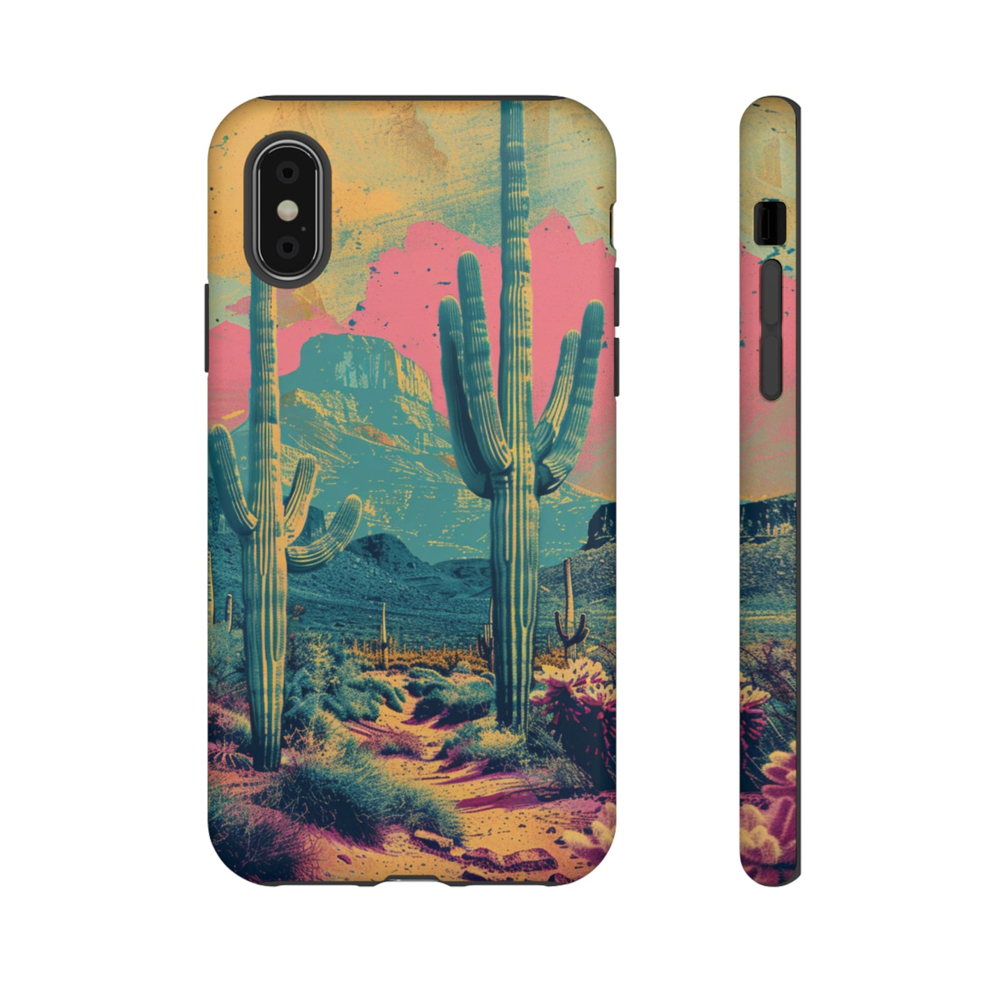 Desert Oasis Retro Cactus Phone Case - Vibrant Sunset Landscape for iPhone 15/14/13/12, Samsung S24/S23/S22/S21, & Google Pixel