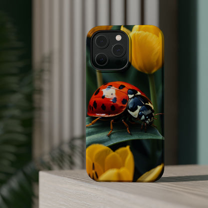 MagSafe iPhone Case: Vibrant Ladybug Amidst a Lush Yellow Flower Garden