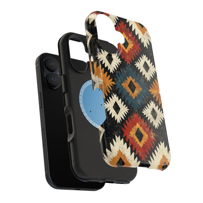 Rustic Tribal Sunburst Tough MagSafe iPhone Case – Vibrant Geometric Design, Dual-Layer Protection