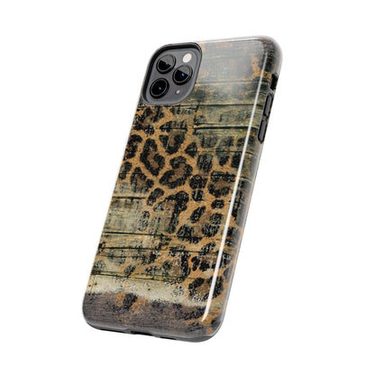 Rustic Wood and Leopard Print Tough iPhone Case – Distressed Western Design with Dual-Layer Protection