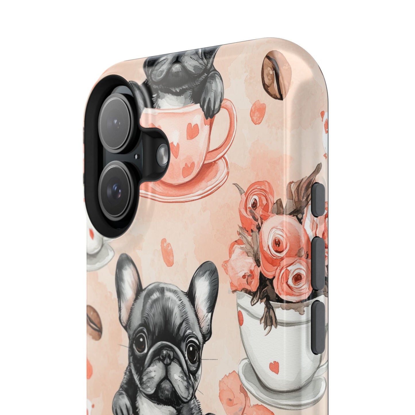 French Bulldogs in Heart Teacups MagSafe iPhone Case – Cute Dog & Floral Design, Shockproof Protection