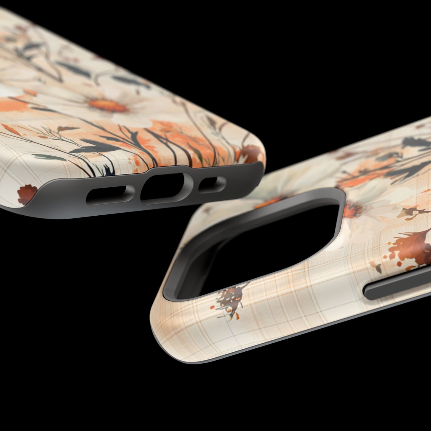 Pastel Orange Floral MagSafe iPhone Case - Elegant Plaid Protective Cover