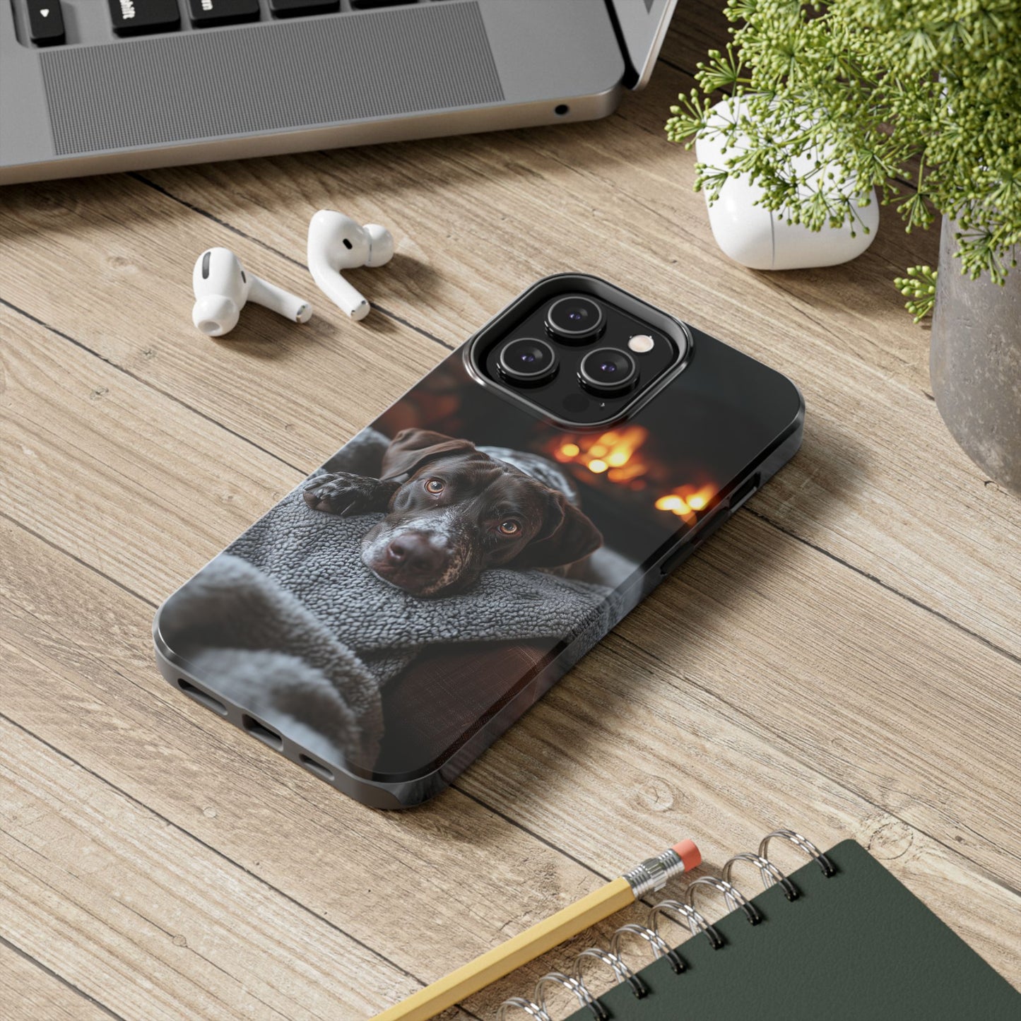 Cozy German Shorthaired Pointer iPhone Case – Rustic Fireplace Protective Cover