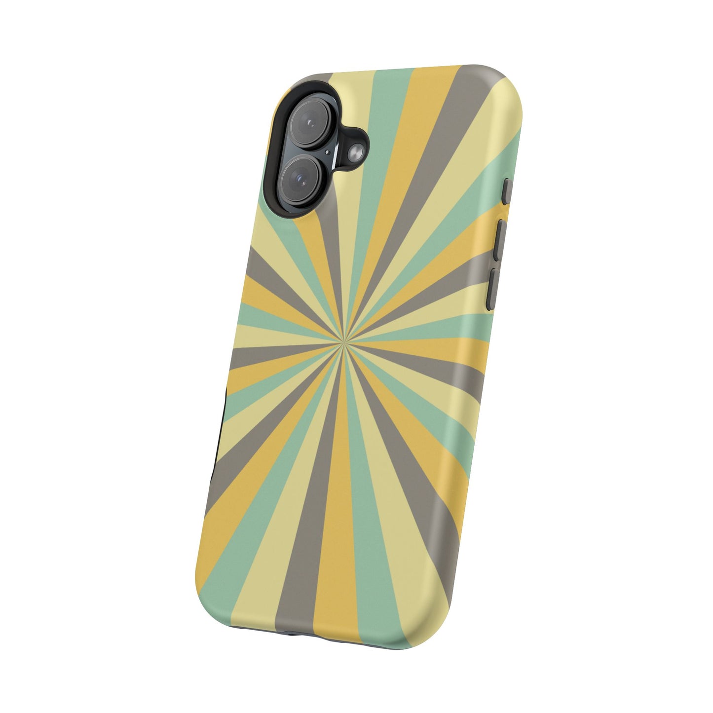 Vintage Sunburst Rays MagSafe iPhone Case – Bold 70s-Inspired Burst in Yellow, Mint, and Gray