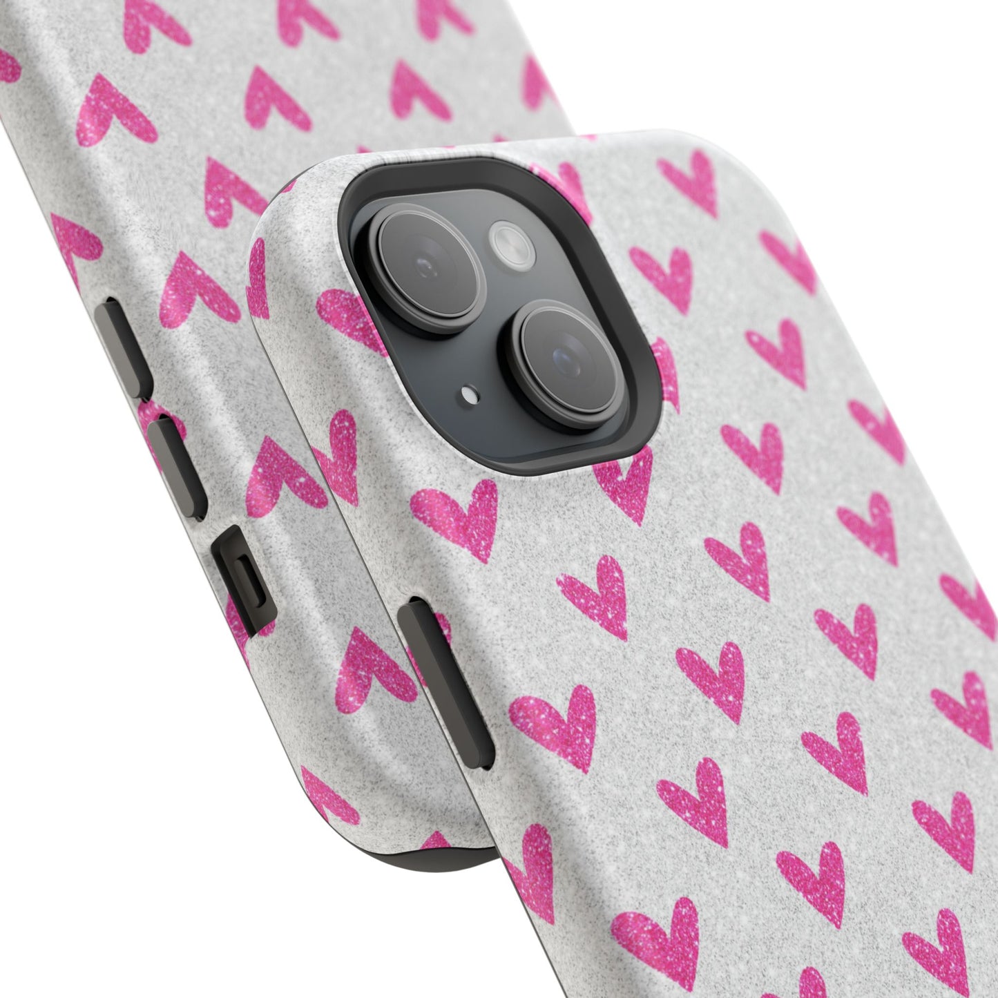 Pink Hearts on Glitter Silver – MagSafe iPhone Case