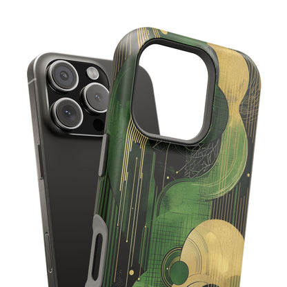 Abstract Green & Gold MagSafe iPhone Case - Geometric Art Deco Protective Cover