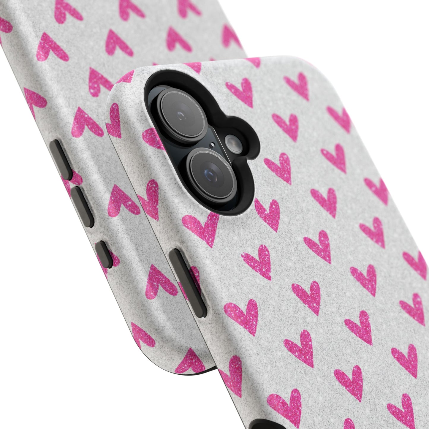 Pink Hearts on Glitter Silver – MagSafe iPhone Case