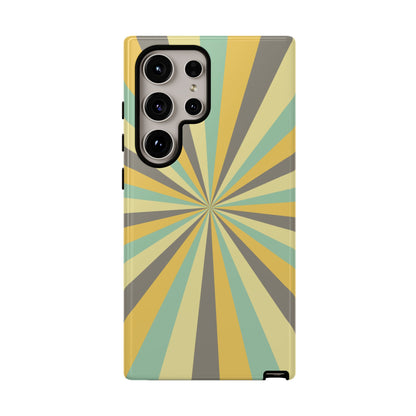 Vintage Sunburst Rays Samsung Galaxy Case – Bold 70s-Inspired Burst in Yellow, Mint, and Gray