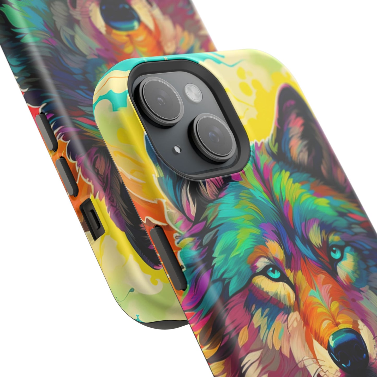 Rainbow Wolf in Bloom – MagSafe iPhone Case with Nature-Inspired Design