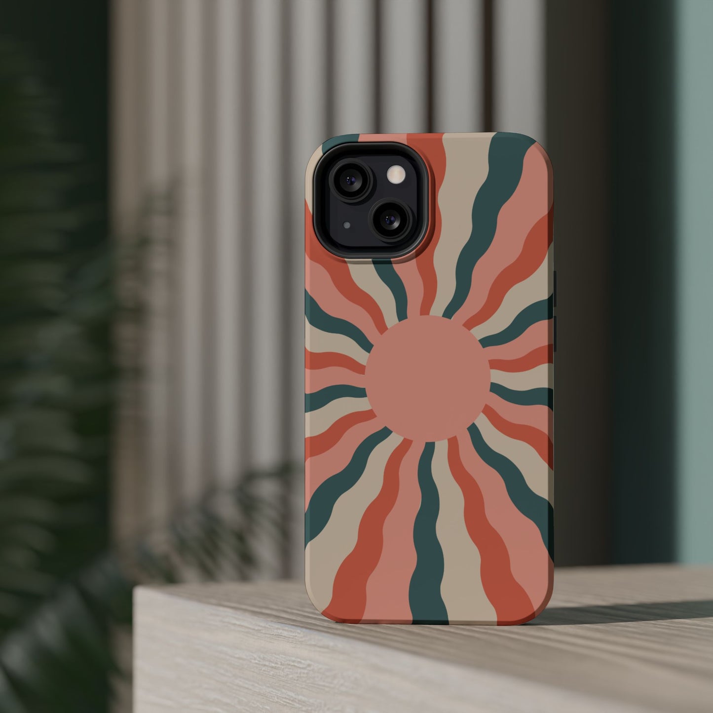 Retro Sunburst MagSafe iPhone Case – Bold 70s-Inspired Waves in Coral, Teal, and Cream