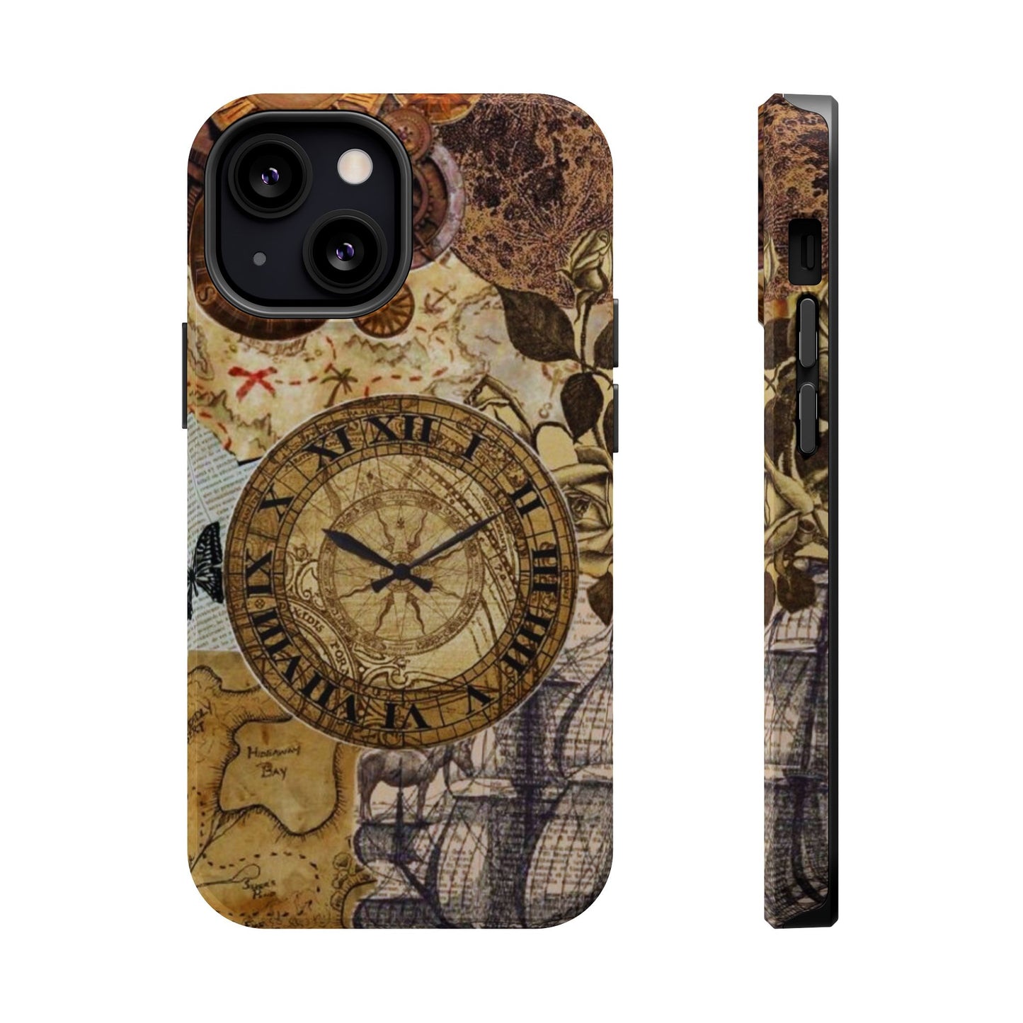 Steampunk Vintage Adventure MagSafe iPhone Case – Dual-Layer Protection with Antique Map and Clock Design