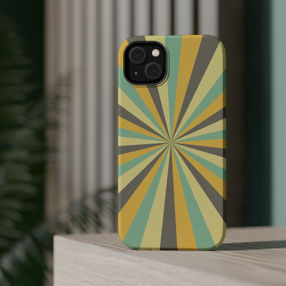 Vintage Sunburst Rays MagSafe iPhone Case – Bold 70s-Inspired Burst in Yellow, Mint, and Gray